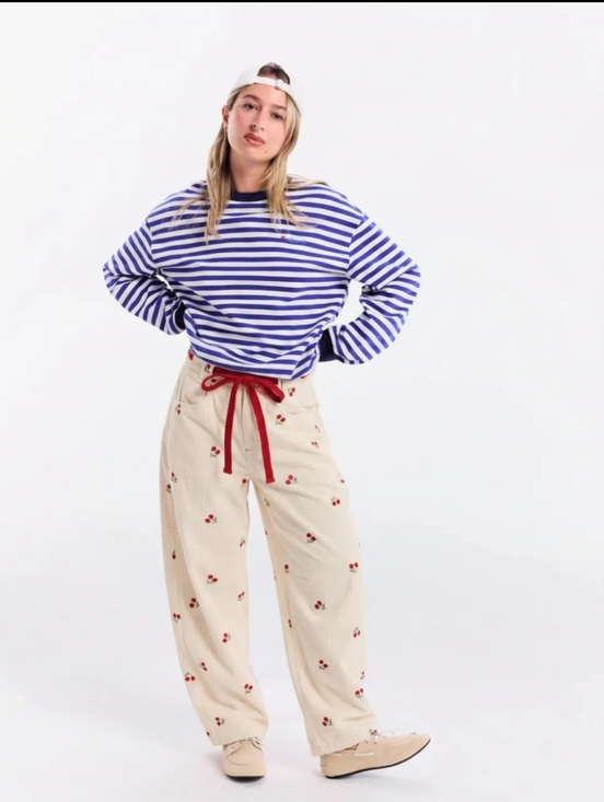 Cider Pants - Cider Corduroy Mid Rise Cherry Embroidery Barrel Leg Trousers
